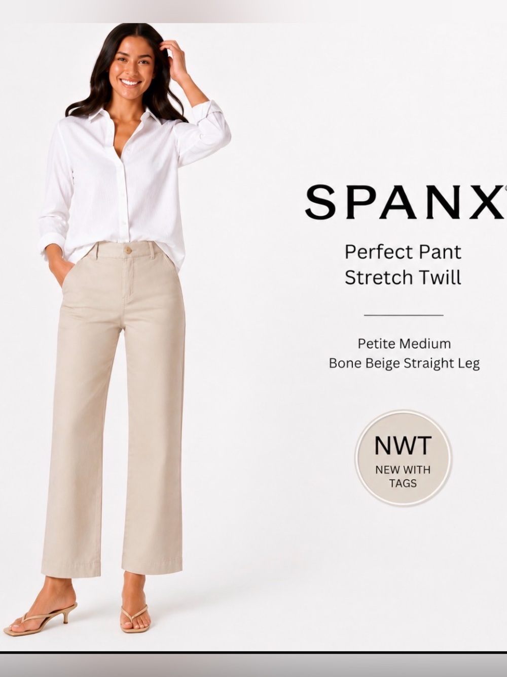 SPANX Perfect Pant Stretch Twill Petite Medium Bone Beige Straight Leg NWT Work
